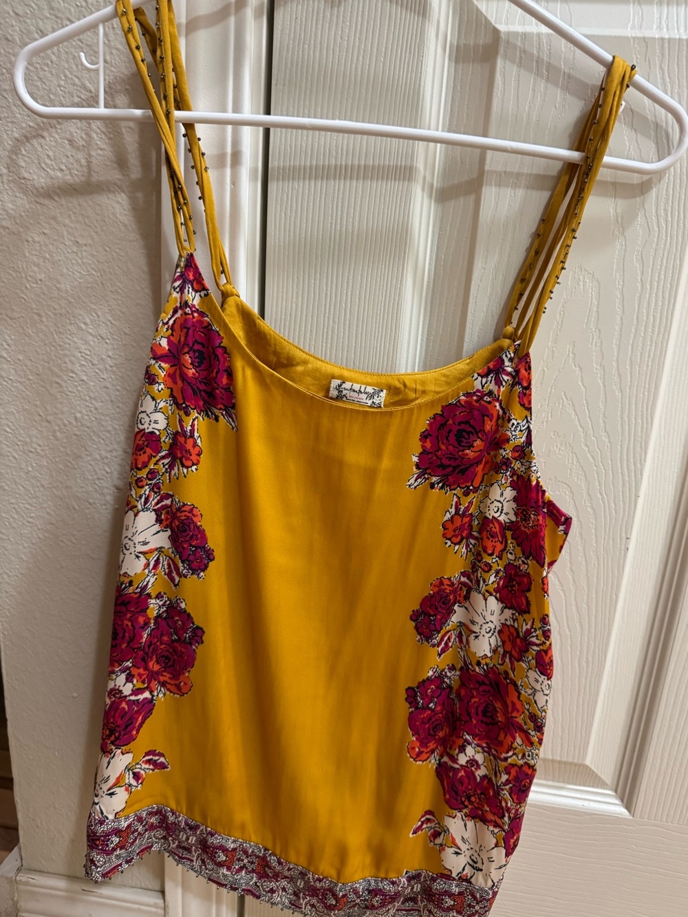 Free People Mustard Spaghetti Strap Floral Trim Tank